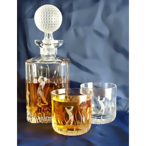 Carafe et 2 verres à whisky avec motif de golf.
